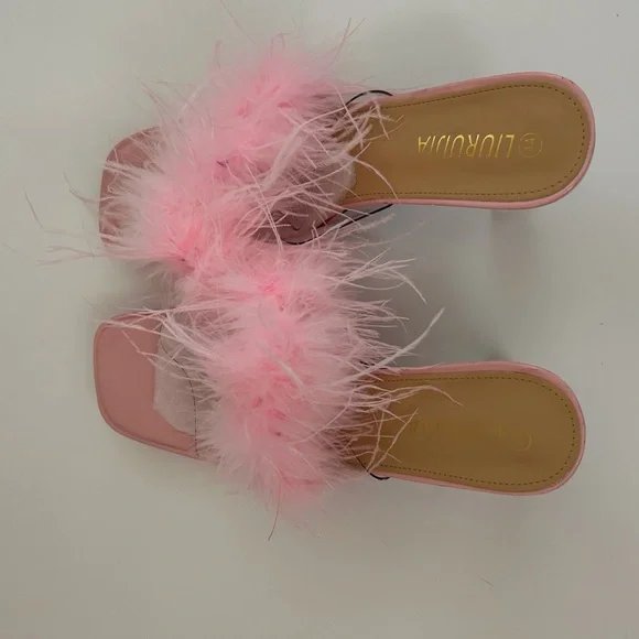 LIURUIJIA Square Toe Feathers High Heel Fur Mules Sandals Size 44 (US 11.5) - Picture 3 of 10